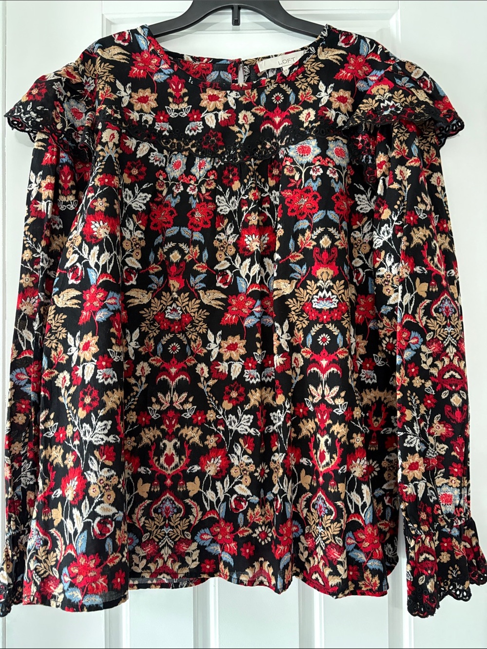 LOFT Black Floral Embroidered Long-Sleeve Blouse